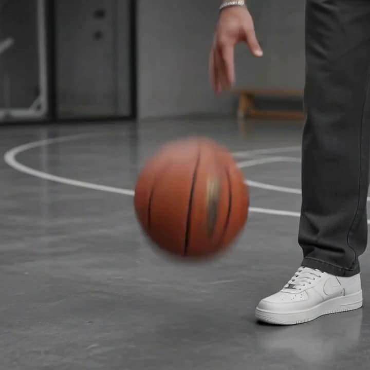 A basketball mid-bounce beside white sneakers and the hem of charcoal trousers.