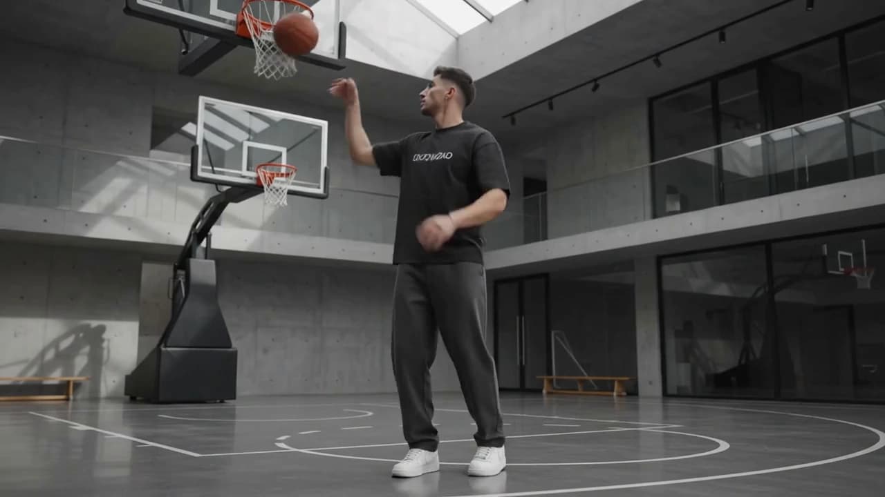A wide, near-empty concrete court under a skylight, a lone figure small in the frame reaching for the hoop.